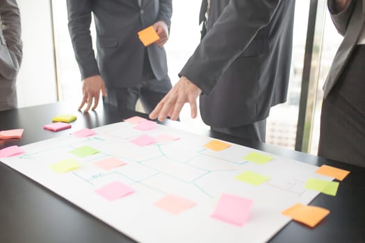 Business people team planning strategy at office desk using color paper notes