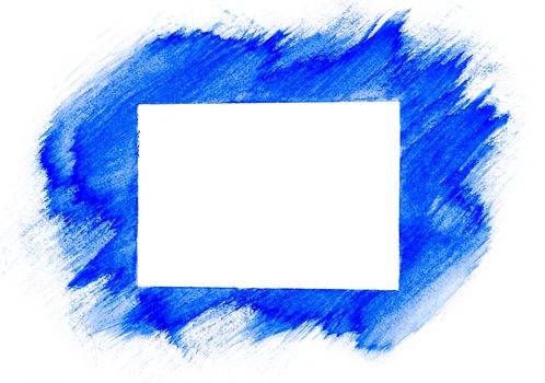 Blue watercolor painted on white paper background and square copy space.