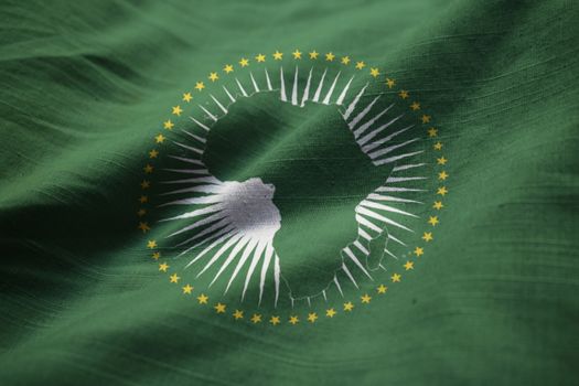 Closeup of Ruffled African Union Flag, African Union Flag Blowing in Wind