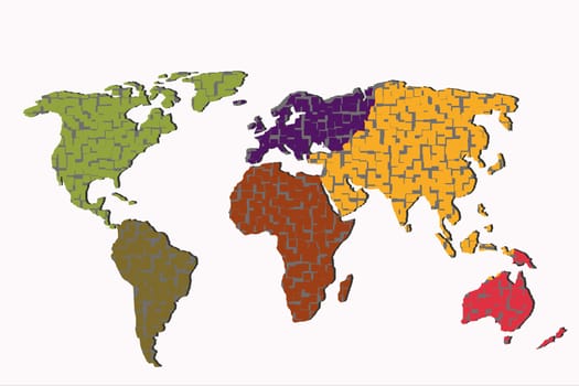 Roughly outlined world map with a colorful background patterns