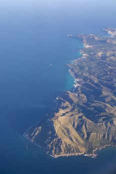 Coastal landscape aerial view on a sunny afternoon in eastern Mallorca, Spain