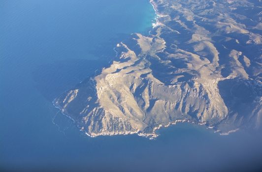 Coastal landscape aerial view on a sunny afternoon in eastern Mallorca, Spain