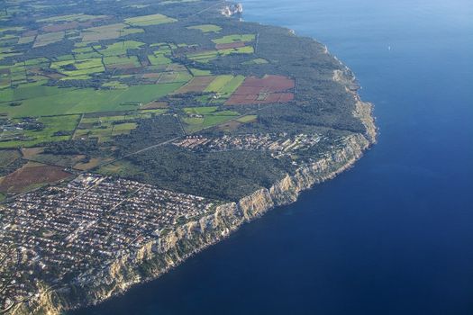 Coastal landscape aerial view of Cala Blava area on a sunny afternoon in south Mallorca, Spain