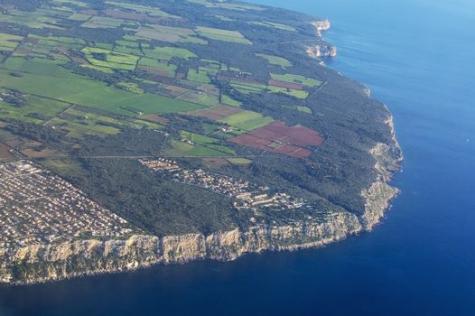 Coastal landscape aerial view of Cala Blava area on a sunny afternoon in south Mallorca, Spain