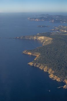 Coastal landscape aerial view on a sunny afternoon in southwestern Mallorca, Spain