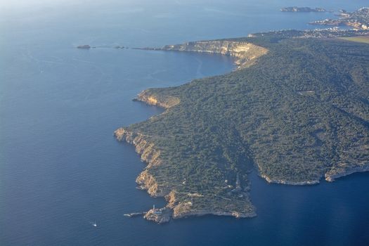 Coastal landscape aerial view on a sunny afternoon in southwestern Mallorca, Spain