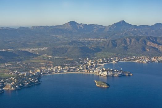 Coastal landscape aerial view on a sunny afternoon in Palma bay, Mallorca, Spain