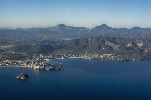 Coastal landscape aerial view on a sunny afternoon in Palma bay, Mallorca, Spain