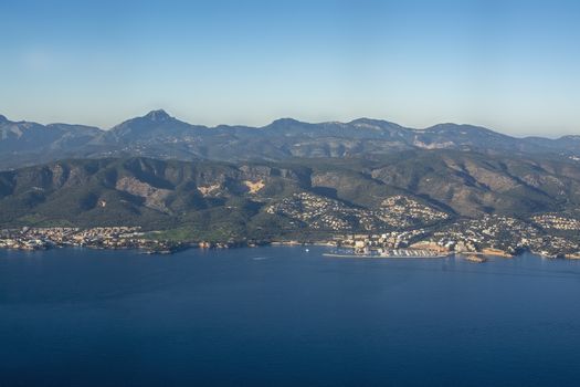 Coastal landscape aerial view on a sunny afternoon in Palma bay, Mallorca, Spain