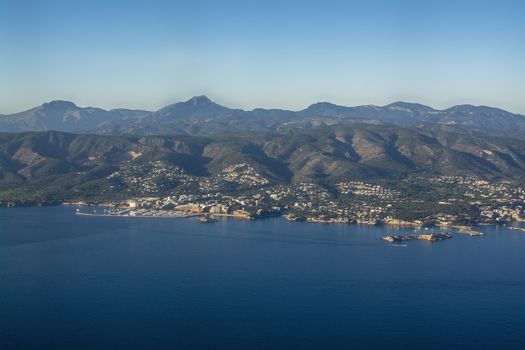 Coastal landscape aerial view on a sunny afternoon in Palma bay, Mallorca, Spain