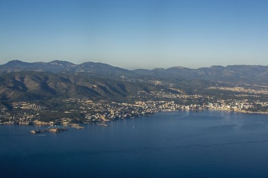 Coastal landscape aerial view on a sunny afternoon in Palma bay, Mallorca, Spain