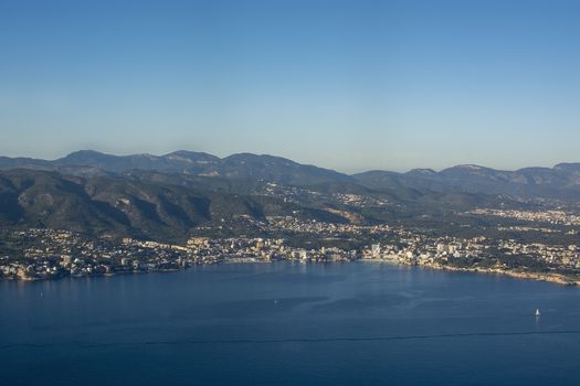 Coastal landscape aerial view on a sunny afternoon in Palma bay, Mallorca, Spain