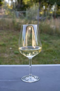White wine glass on simple rustic dark table in summer garden