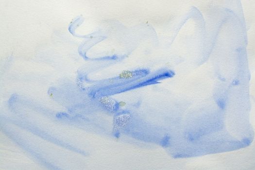 Blue watercolor strokes background texture wet fresh flow drops on paper.
