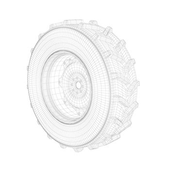 3D wire-frame model of tractor wheel on white background