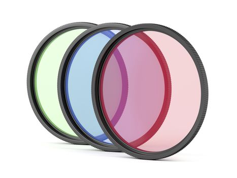 Red, blue and green color photographic filters on white background