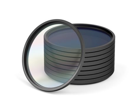 Stack with different photographic filters on white background