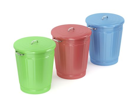 Three metal trash cans with different color on white background