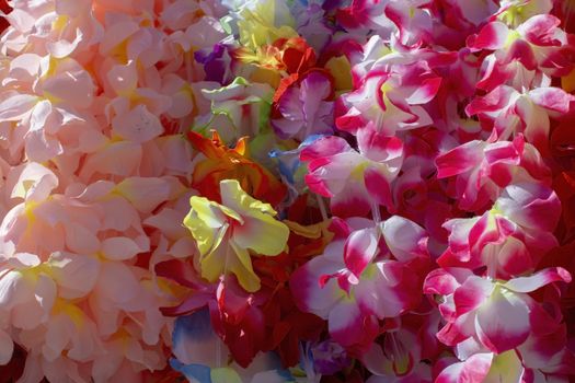 Lei flower garland in many colours closeup background