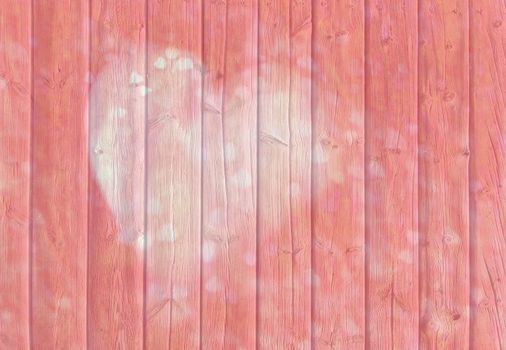 Heart with small hearts texture pattern on wooden boardwalk toned in trend color Living Coral.