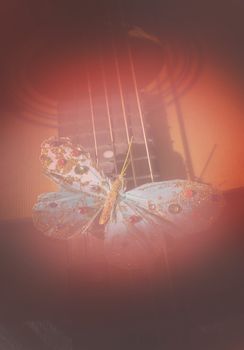 Turquoise butterfly on strings of acoustic guitar, concept for poetry, musicality, singer songwriter creativity,  toned in Living Coral warm red shades