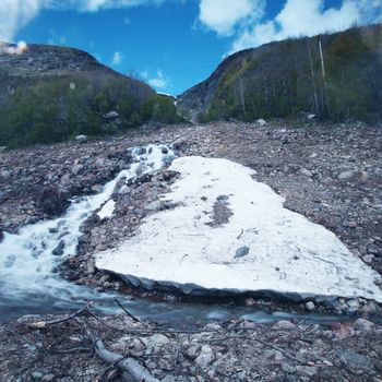 Mountain stream of melting snow water, long exposure