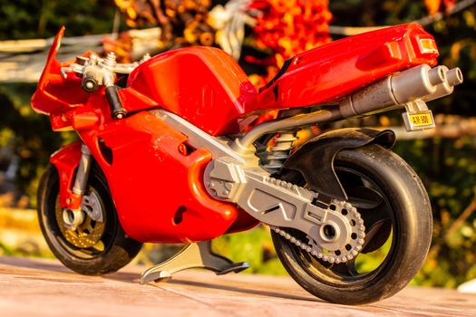 a back view isolated closeup red toy motorcycle with cold colors. photo has taken from a garden.