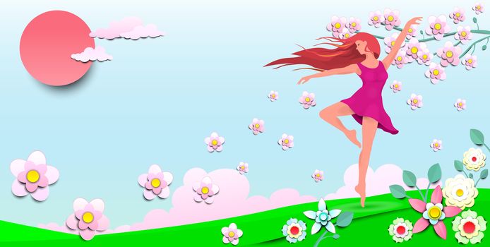 A young girl dancing among the flowers. Dancing girl on the background of the sun, sky and flowers.
