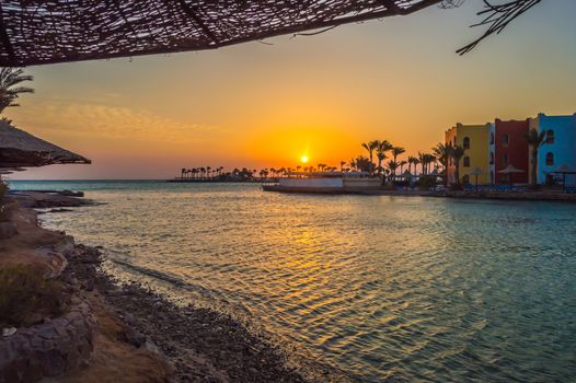 Sunrise on a peninsula and a lagoon of Hurghada on the Red Sea in Egypt