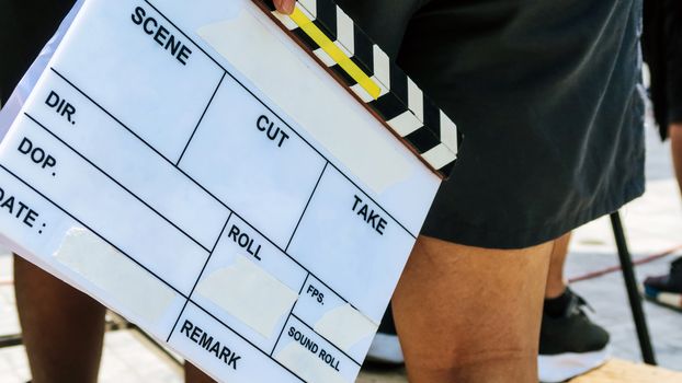 close up of film slate, Film production crew background