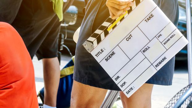 close up of film slate, Film production crew background