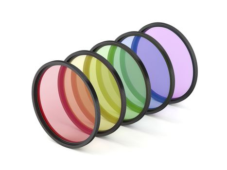 Photographic filters with different colors on white background