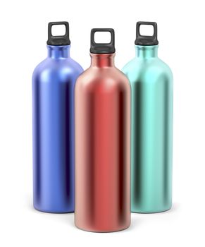Colorful aluminum sport bottles on white background