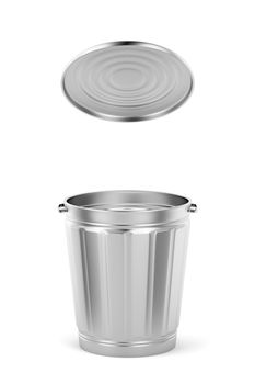 Empty silver trash can with lid on white background