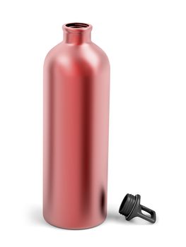 Red aluminum water bottle on white background