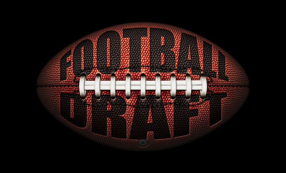 American football with the words “Football Draft” embossed onto a football on top of a black background. 3D Illustration