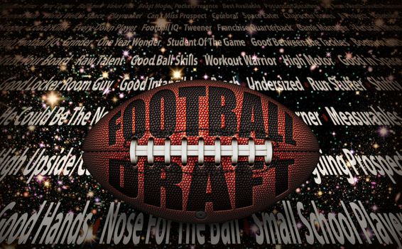 American football with the words “Football Draft” embossed onto a football on top of written player traits on a starry background. 3D Illustration