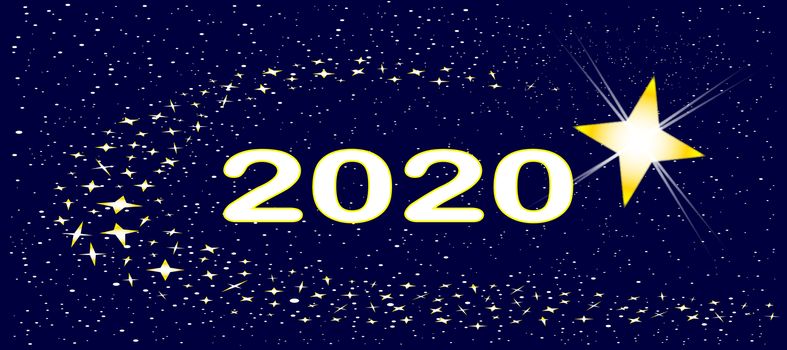 A bright star surrounded by several star clusters with the date 2020