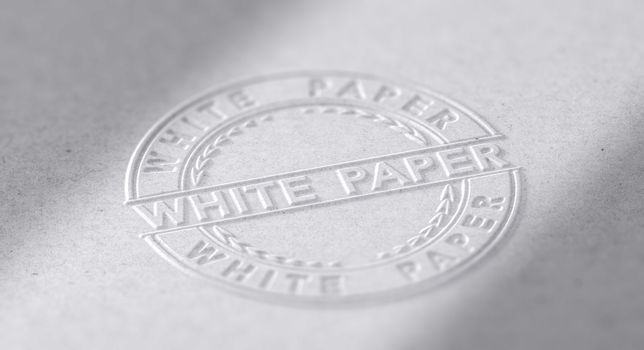 3D illustration of an embosed stamp with the text white paper. 