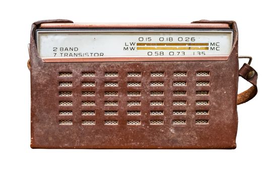 Isolated Vintage Retro Old Fashioned Transistor Radio In A Brown Leather Case