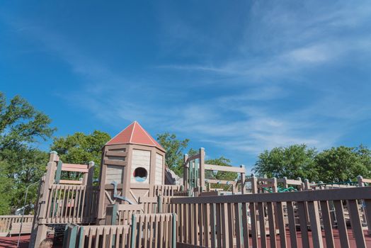 Castle-inspired structure, elaborate wooden playground near Dallas, Texas, USA