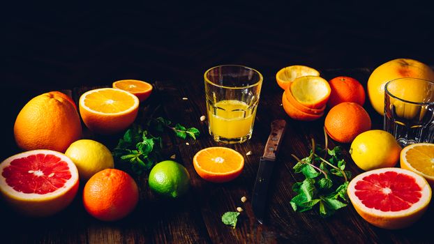 Citrus Juice with Different Sliced Fruits and Mint Leaves.