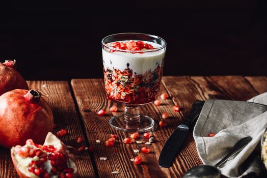 Homemade Dessert with Pomegranate. Series on Prepare Healthy Dessert with Pomegranate, Granola, Cream and Jam