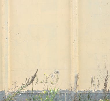 An old, cracked concrete wall, with a chipped surface, dyed in beige color, in the foreground grass. A close-up shot.