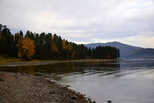 East rocky shore of Lake Teletskoye, cliffs covered with a beautiful forest. The picture was taken on an autumn day, with natural light.