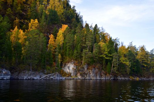 East rocky shore of Lake Teletskoye, cliffs covered with a beautiful forest. The picture was taken on an autumn day, with natural light.