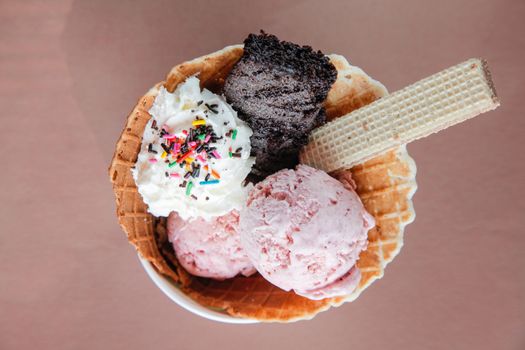 Ice cream sundae with brownie wafer waffle biscuit