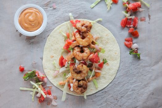 Prawn tortilla tacos open face wrap