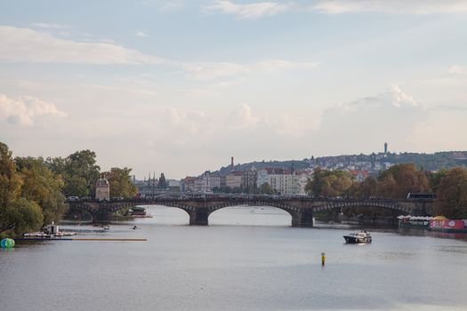 Charles Bridge historic bridge crosses the Vltava river in Prague, Czech Republic