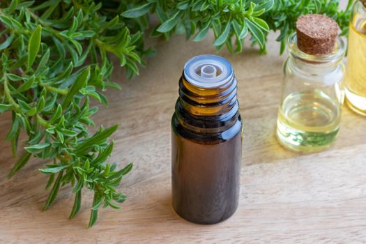 A bottle of mountain savory essential oil with fresh Satureja montana plant